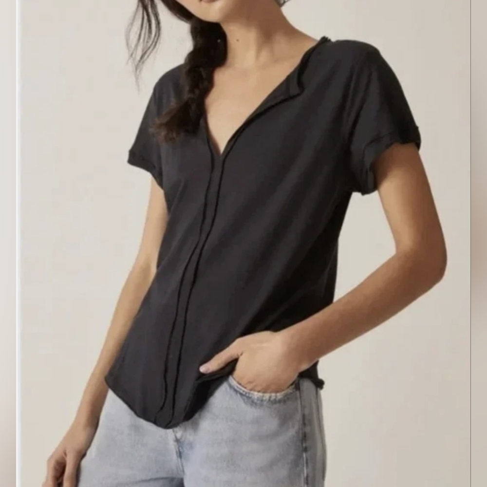 NWT Anthropologie Pilcro Split Neck Cotton Modal Tee in Black Sz S
